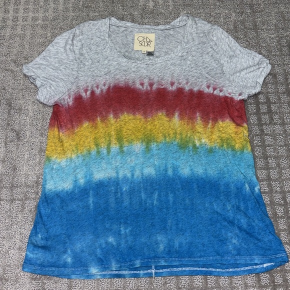 Chaser Gauzy Cotton Rolled Short Sleeve Hi Lo Twisted Tee Rainbow dip Dye Small - Picture 3 of 5